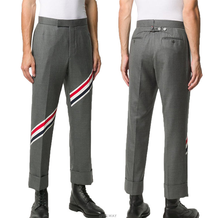 THOM BROWNE Tricolor Stripe Crop Pants Gray Mens Cotton