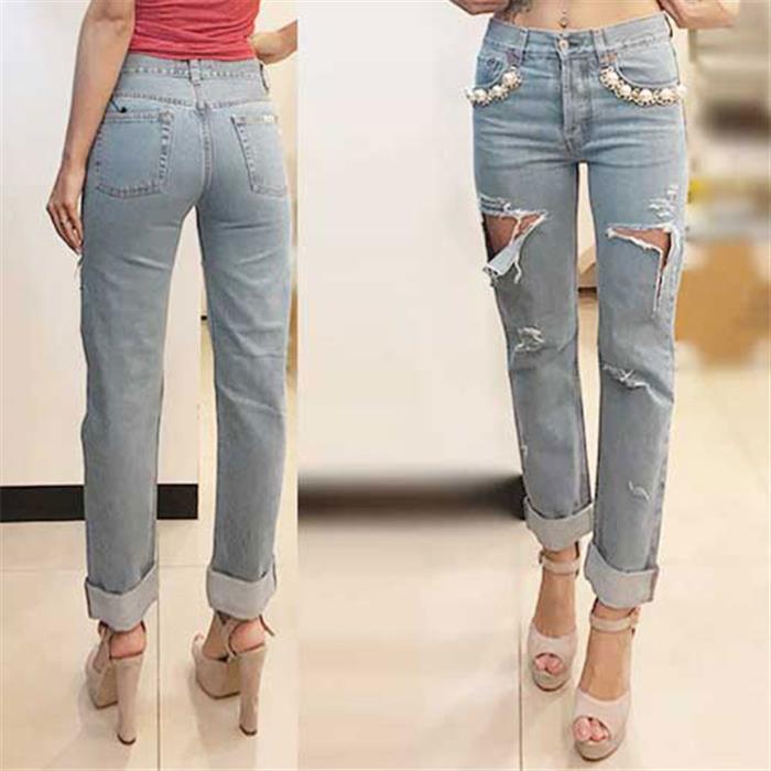 Forte Couture Pearl Chain Distressed Light Wash Denim Jeans
