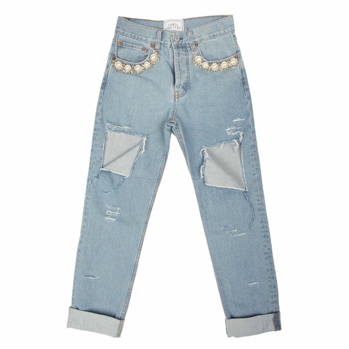 Forte Couture Pearl Chain Distressed Light Wash Denim Jeans