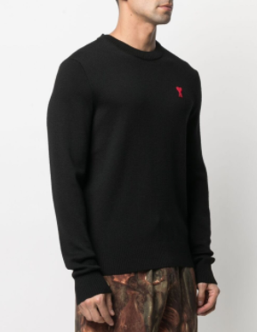 AMI Men's Heart Logo Merino Wool Crewneck Sweater Black BFHKS001