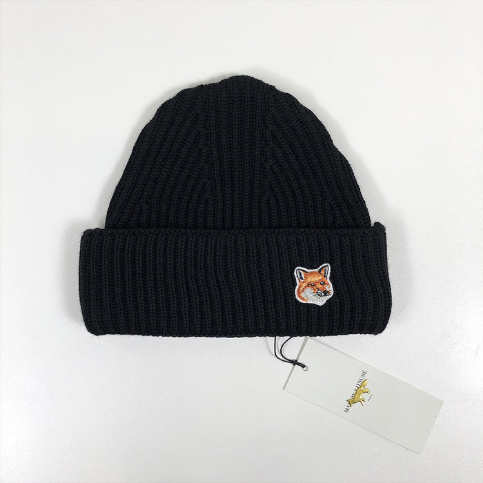 Maison Kitsune Fox Head Patch Wool Beanie Black HU06149KT1022