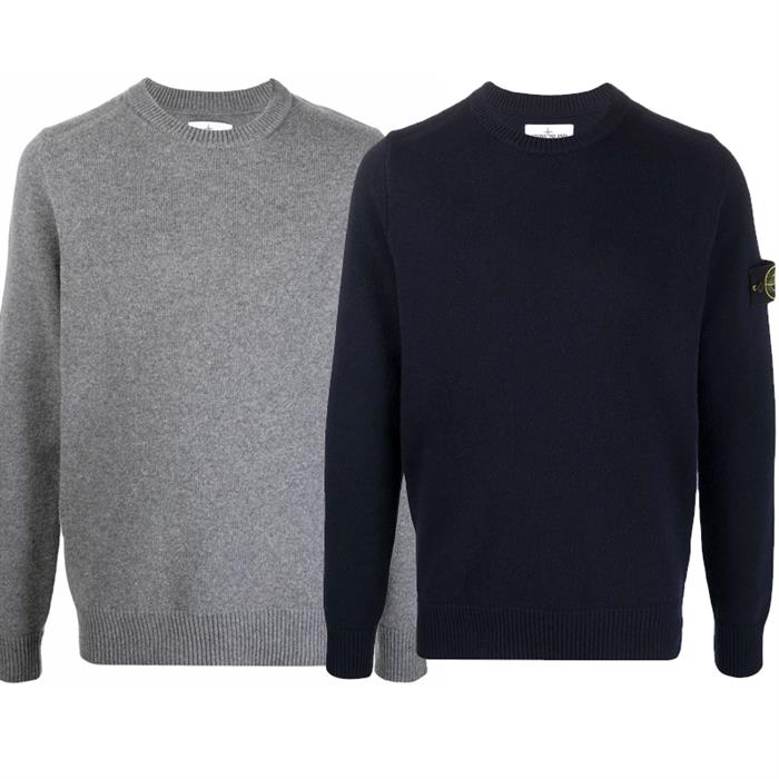 STONE ISLAND Wappen Patch Wool Crewneck Knit Sweater Gray Navy 7515535A3
