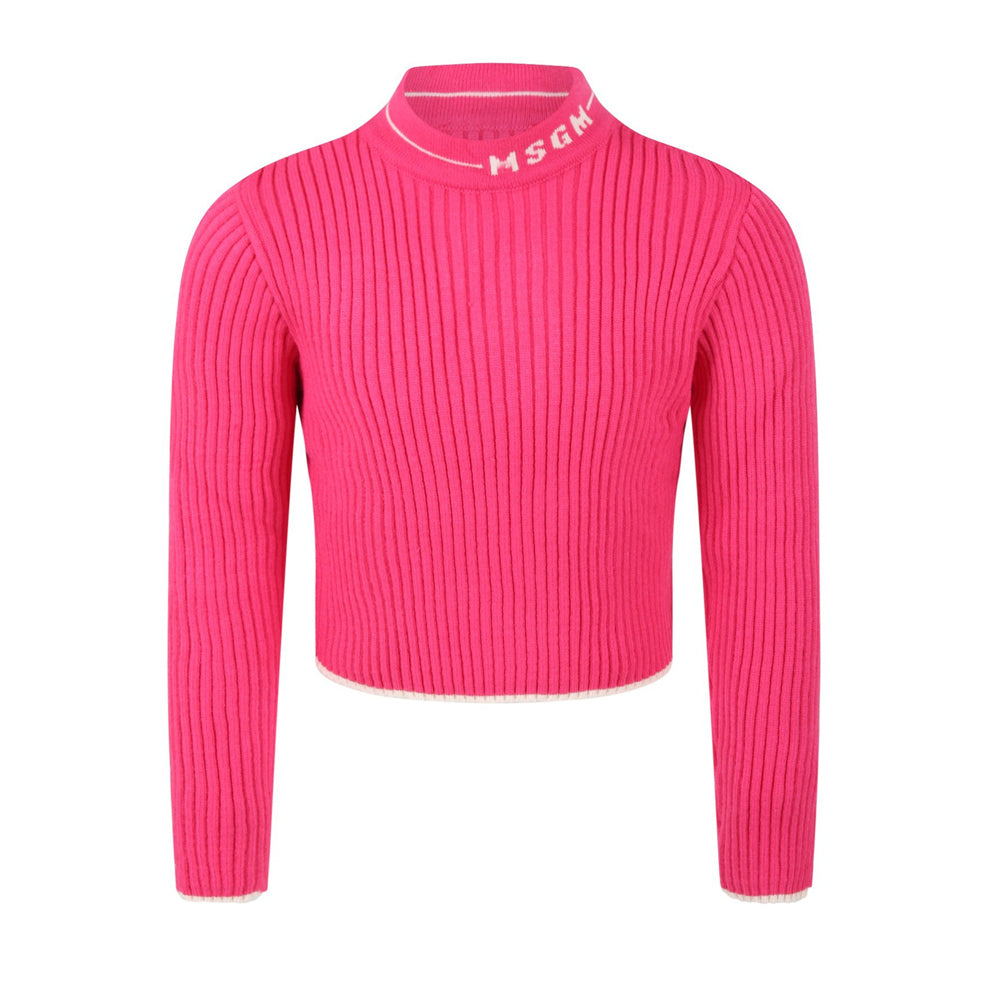 MSGM Women’s Ribbed Crewneck Sweater with Logo Neckline Black