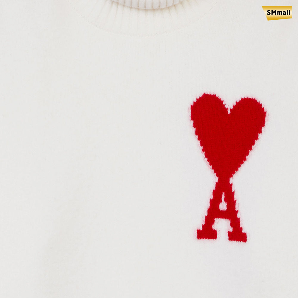 AMI Men's Intarsia Big Heart Wool Turtleneck Sweater H21K203 018 100 WHITE