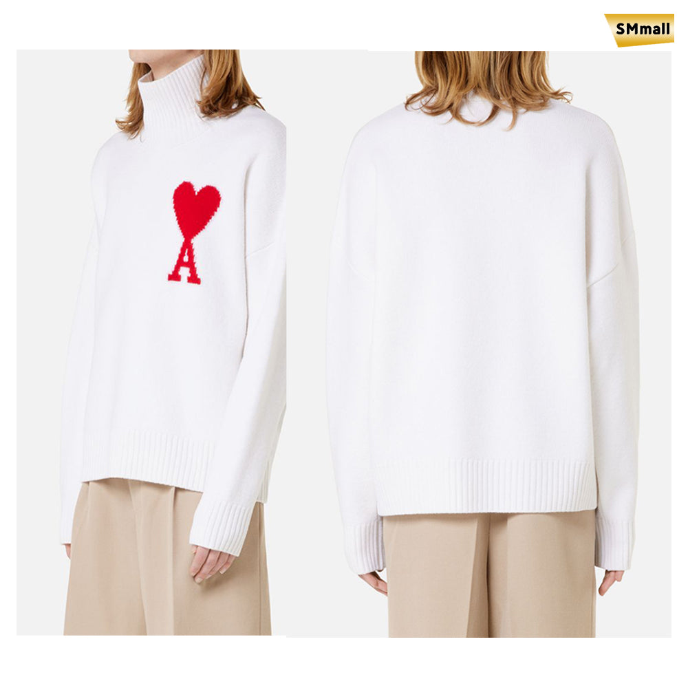 AMI Men's Intarsia Big Heart Wool Turtleneck Sweater H21K203 018 100 WHITE