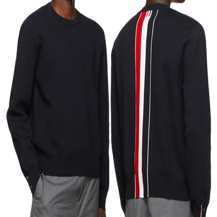 THOM BROWNE Milano Stitch Back Tricolor Stripe Crewneck Sweater Navy MKA345A