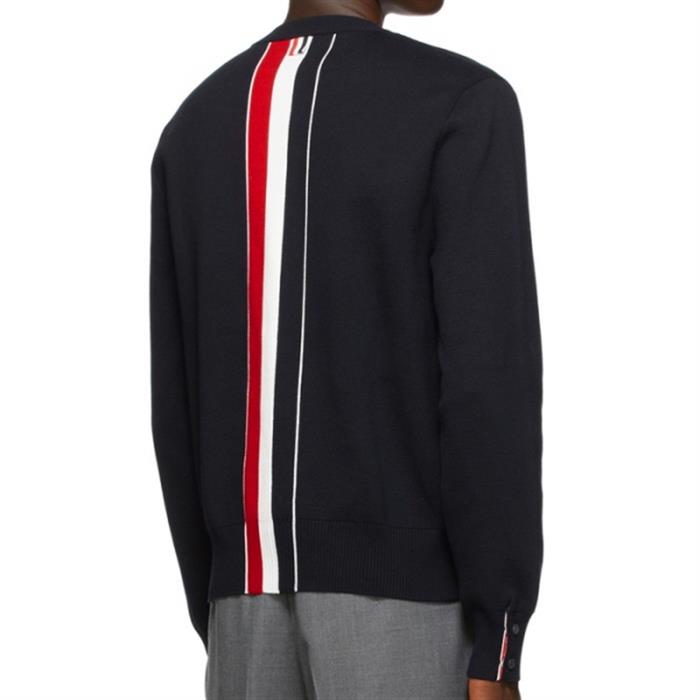 THOM BROWNE Milano Stitch Back Tricolor Stripe Crewneck Sweater Navy MKA345A