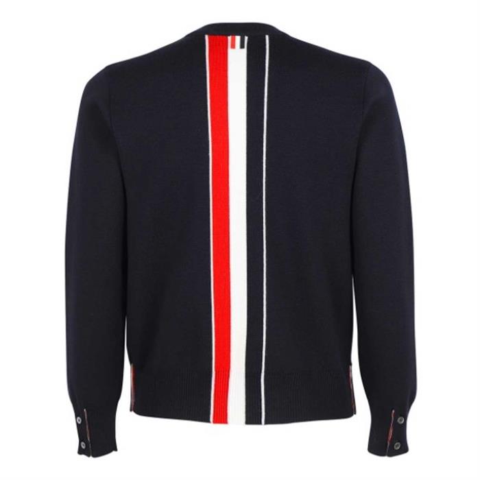 THOM BROWNE Milano Stitch Back Tricolor Stripe Crewneck Sweater Navy MKA345A