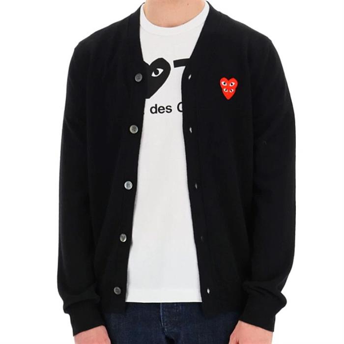 Comme des Garcons Men's Black Wool Double Heart Logo Cardigan P1N076 F