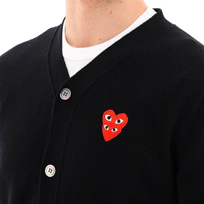 Comme des Garcons Men's Black Wool Double Heart Logo Cardigan P1N076 F