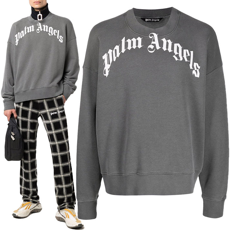 Palm Angels Men's Curved Logo Crewneck Sweatshirt PMBA026F 21FLE004 1001