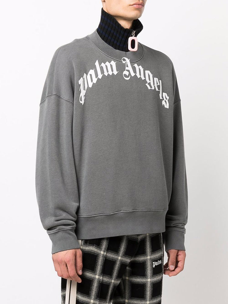Palm Angels Men's Curved Logo Crewneck Sweatshirt PMBA026F 21FLE004 1001