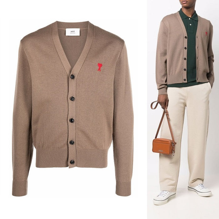 AMI Men's Heart A Logo V-Neck Cardigan E22HKC001 281