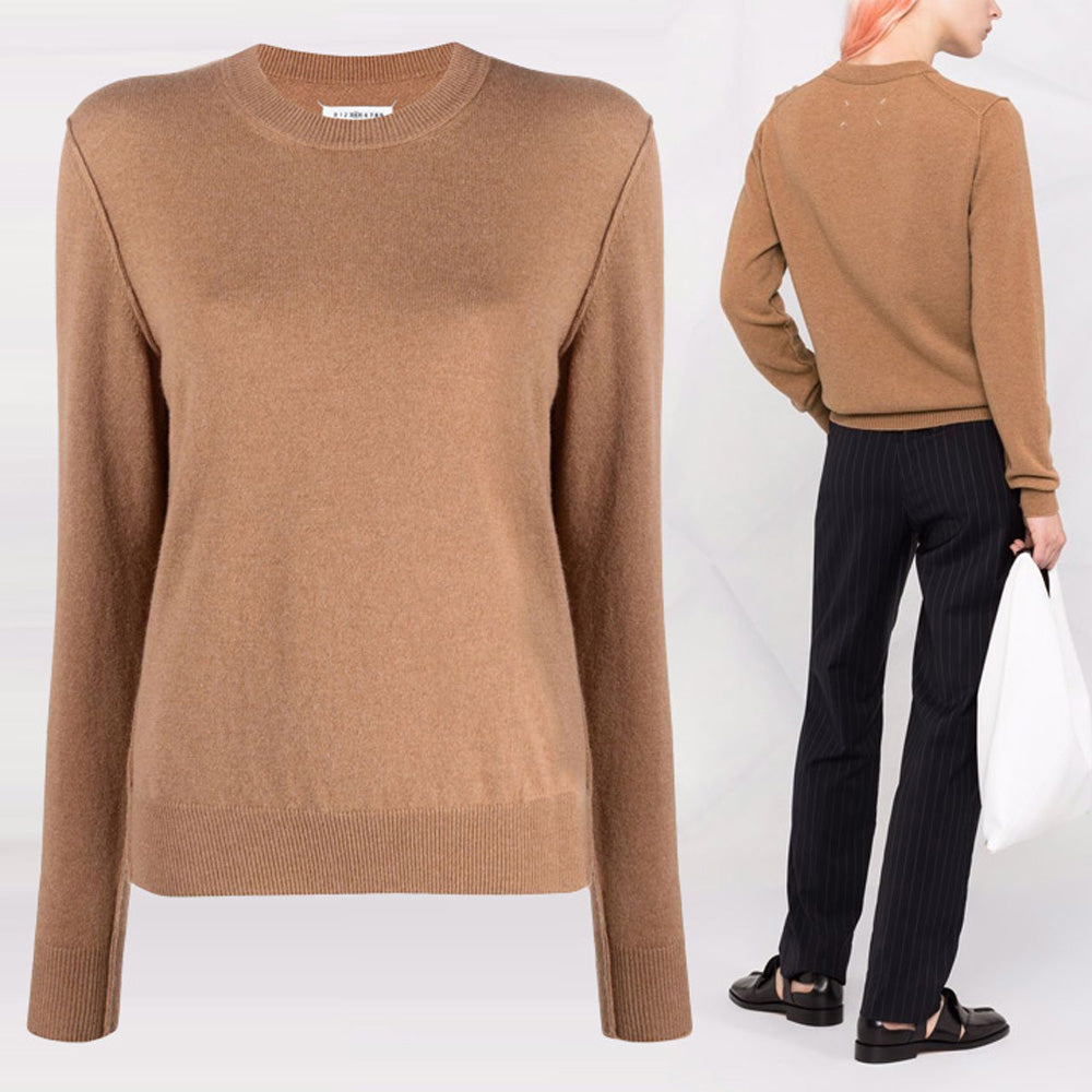 Maison Margiela Stitch Logo Camel Wool Crewneck Sweater Women