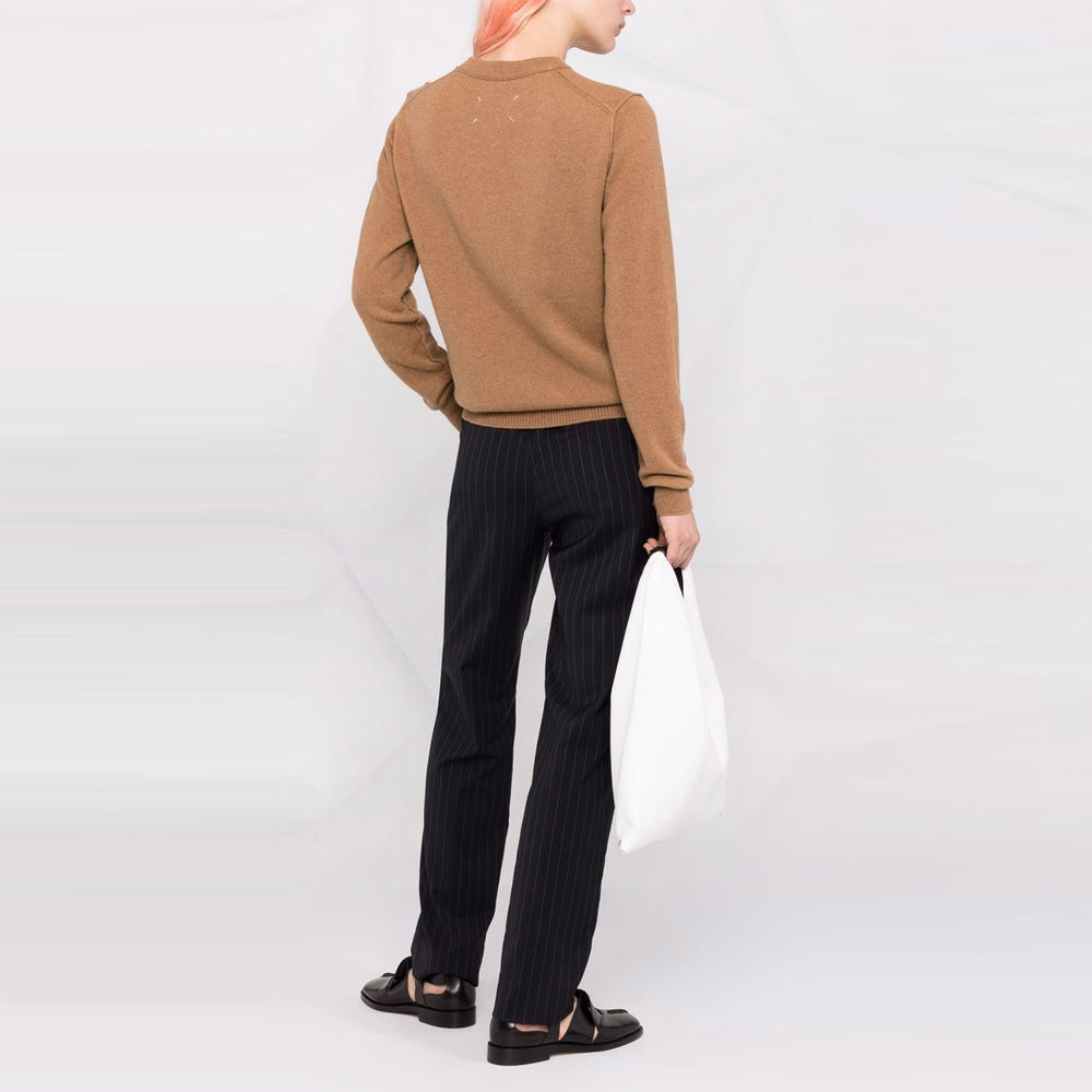 Maison Margiela Stitch Logo Camel Wool Crewneck Sweater Women