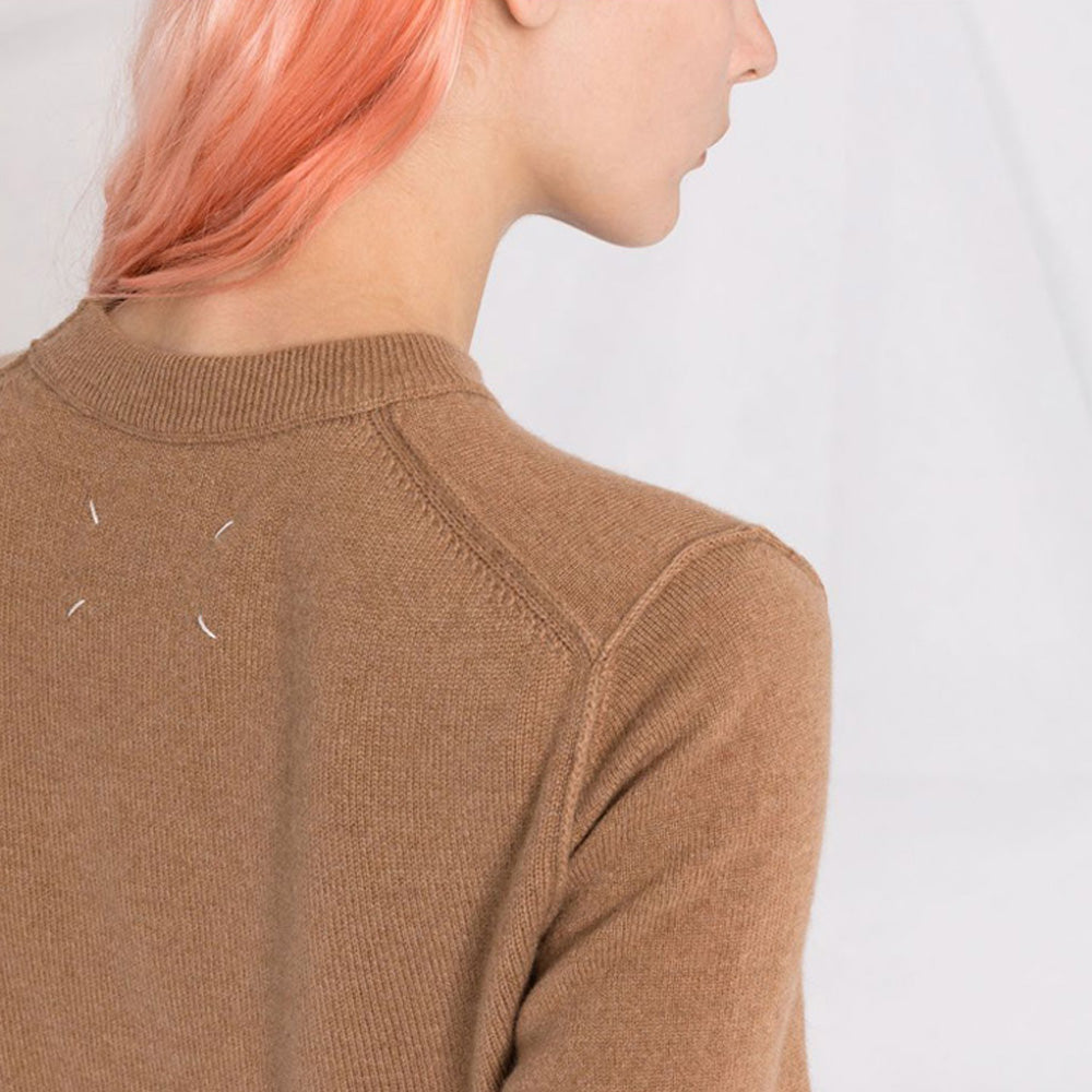 Maison Margiela Stitch Logo Camel Wool Crewneck Sweater Women
