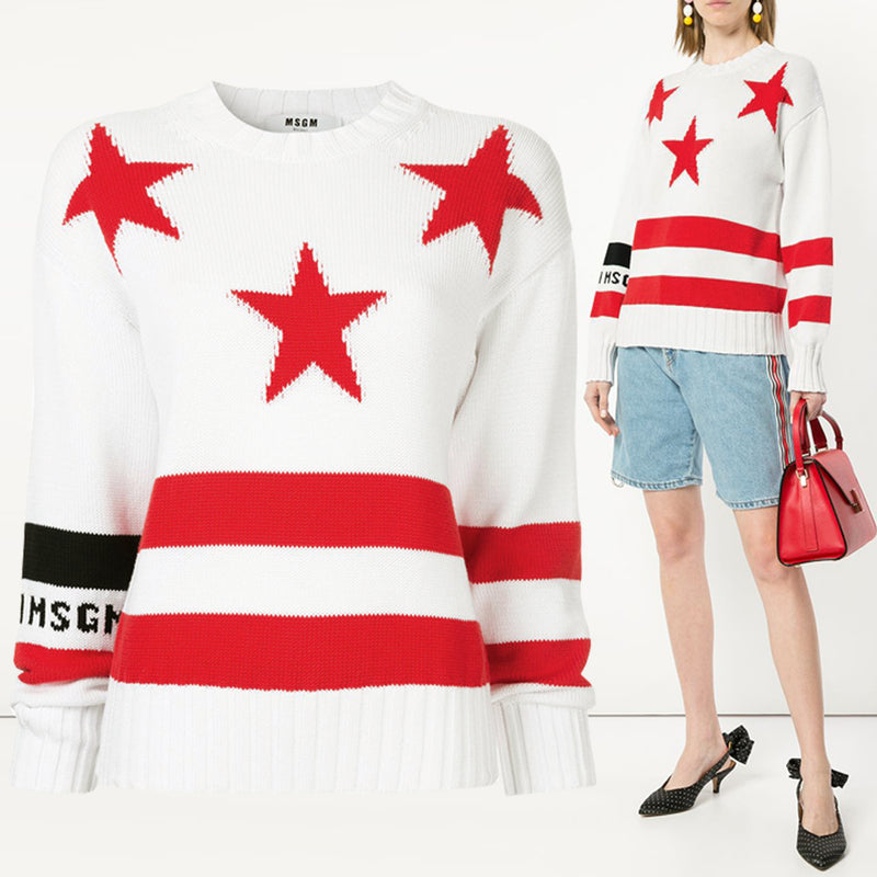 MSGM Star Logo Round Neck Knit Sweater White
