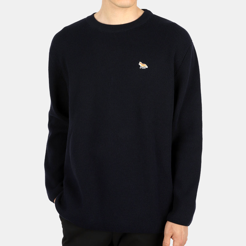 Maison Kitsune Navy Wool Baby Fox Patch Crewneck Sweater for Men