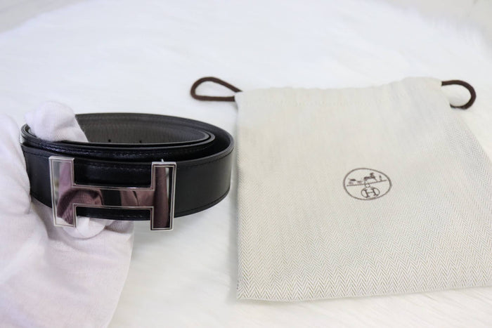 HERMES Men’s Reversible H Buckle Leather Belt Black/Brown