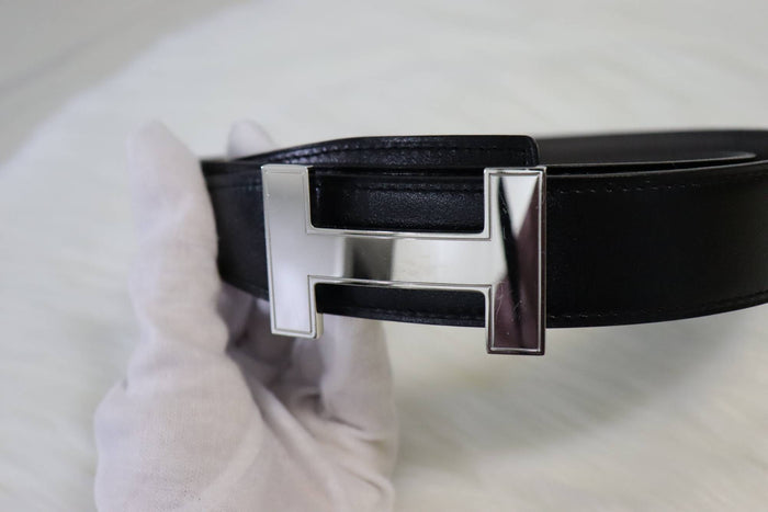 HERMES Men’s Reversible H Buckle Leather Belt Black/Brown