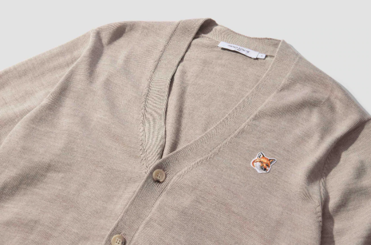 Maison Kitsune Fox Head Cardigan Charcoal Beige Unisex Knit GU00542KT1036