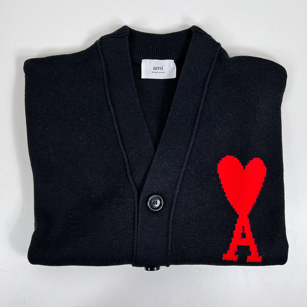 AMI Men's Big Heart Logo Knit Cardigan Black E22UKC0003 016