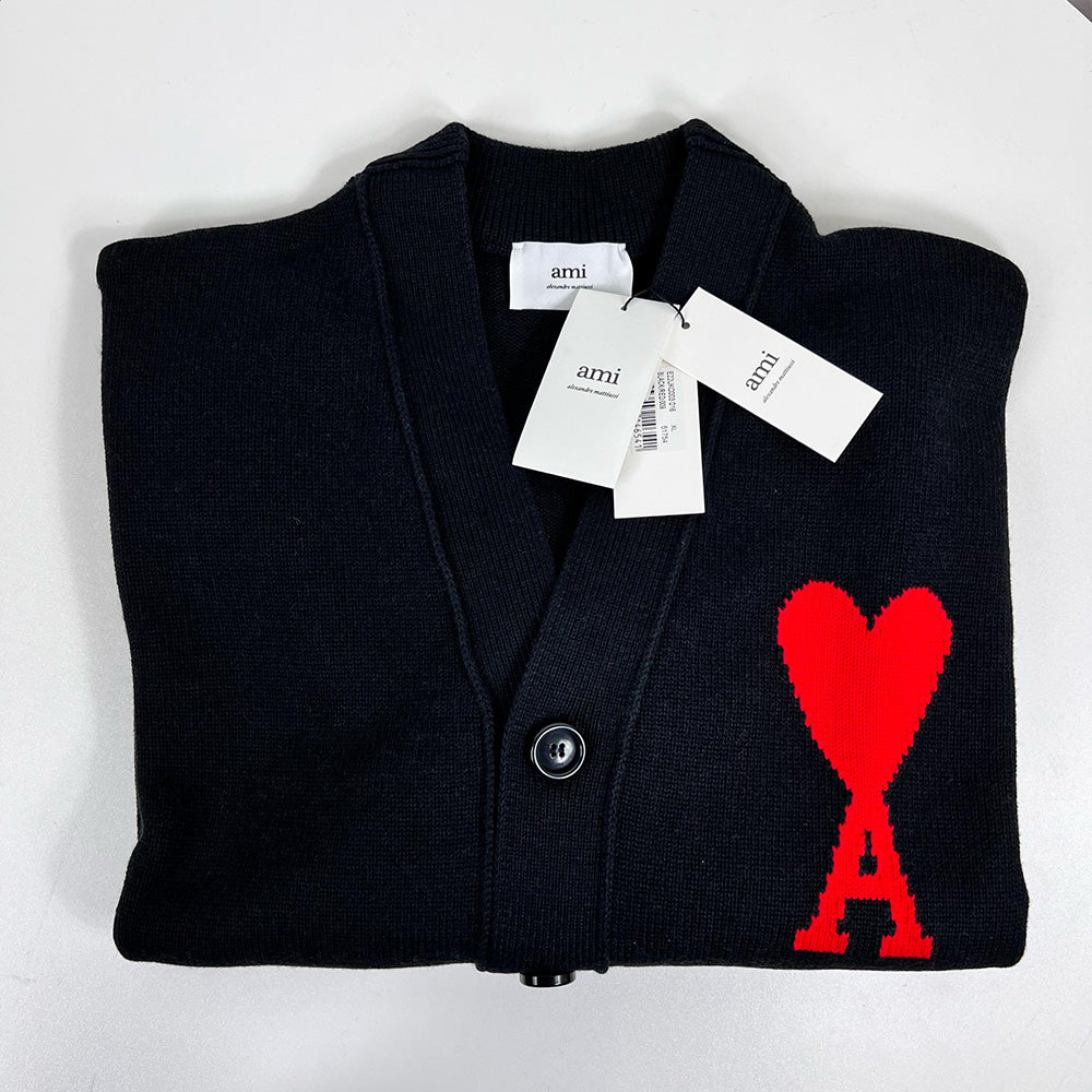AMI Men's Big Heart Logo Knit Cardigan Black E22UKC0003 016