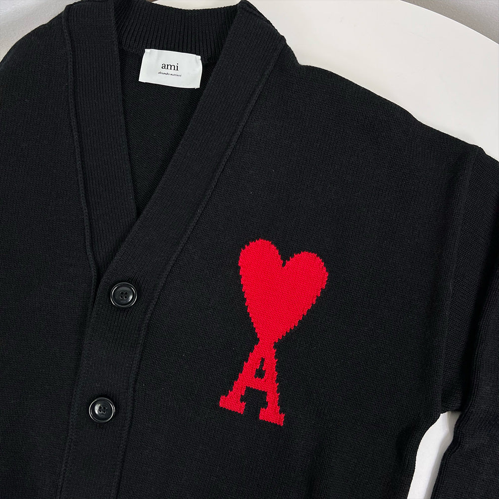 AMI Men's Big Heart Logo Knit Cardigan Black E22UKC0003 016