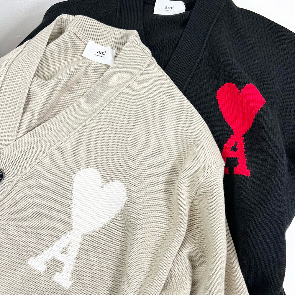 AMI Men's Big Heart Logo Knit Cardigan Black E22UKC0003 016