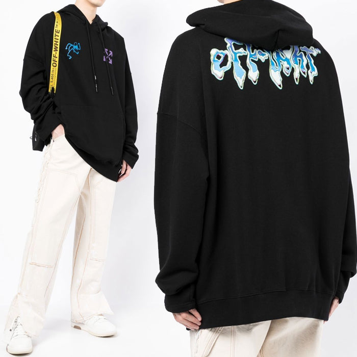 OFF WHITE Blue 90s Liquid Logo Hoodie OMBB091S22FLE005