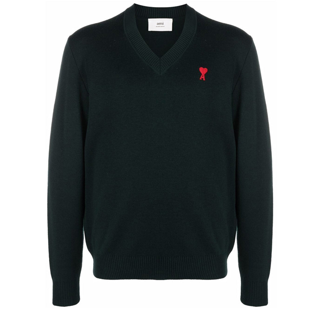 AMI Small Heart Logo V-Neck Knit Sweater Black Mens