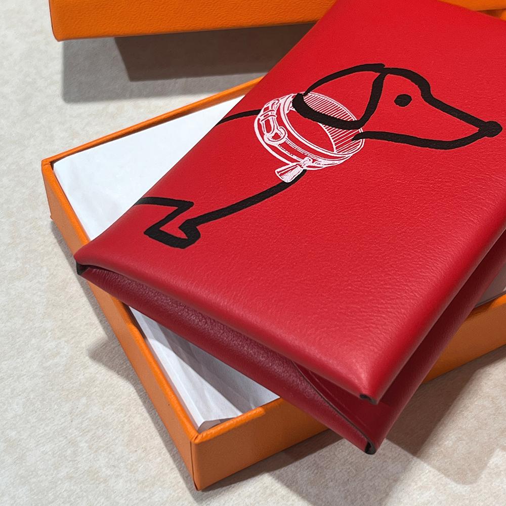 HERMES Red Swift Leather Calvi Duo Compact Card Holder Palladium Hardware