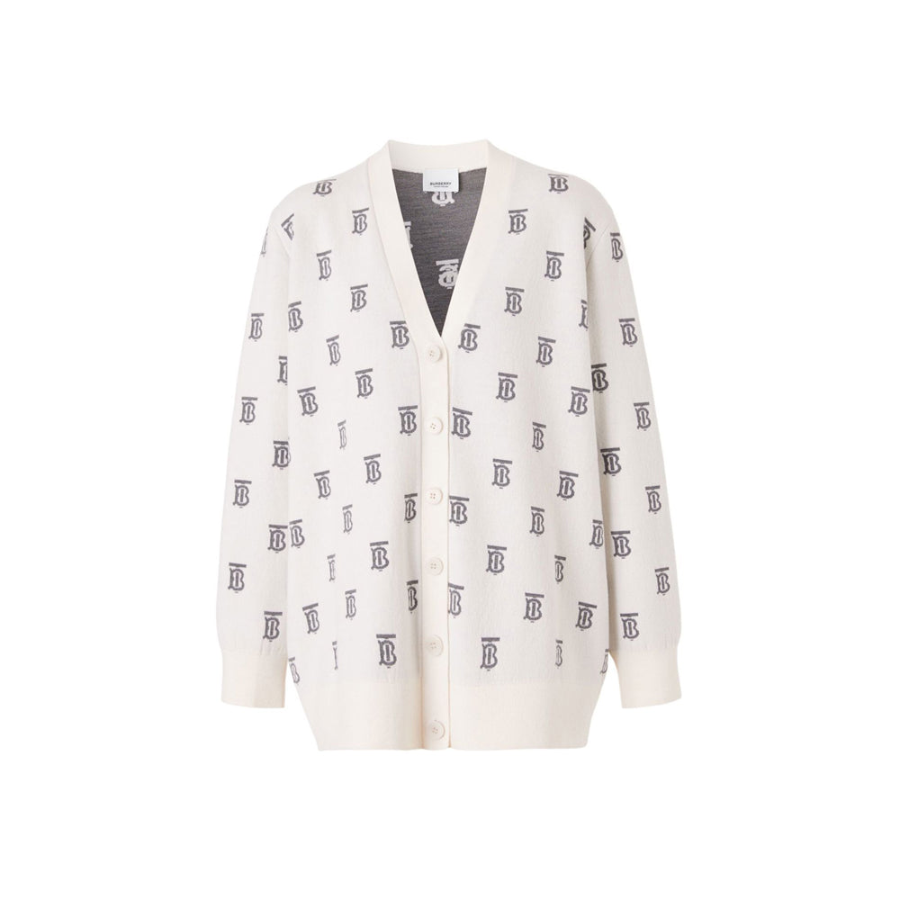 BURBERRY TB Logo Pattern V-Neck Cardigan Cream