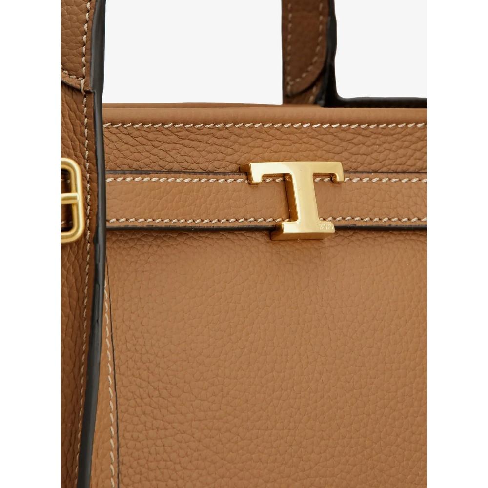 Tods T Logo Leather Tote Bag Brown