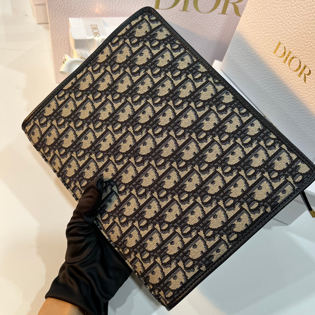 DIOR Oblique Jacquard Montaigne Clutch Beige Blue Pouch
