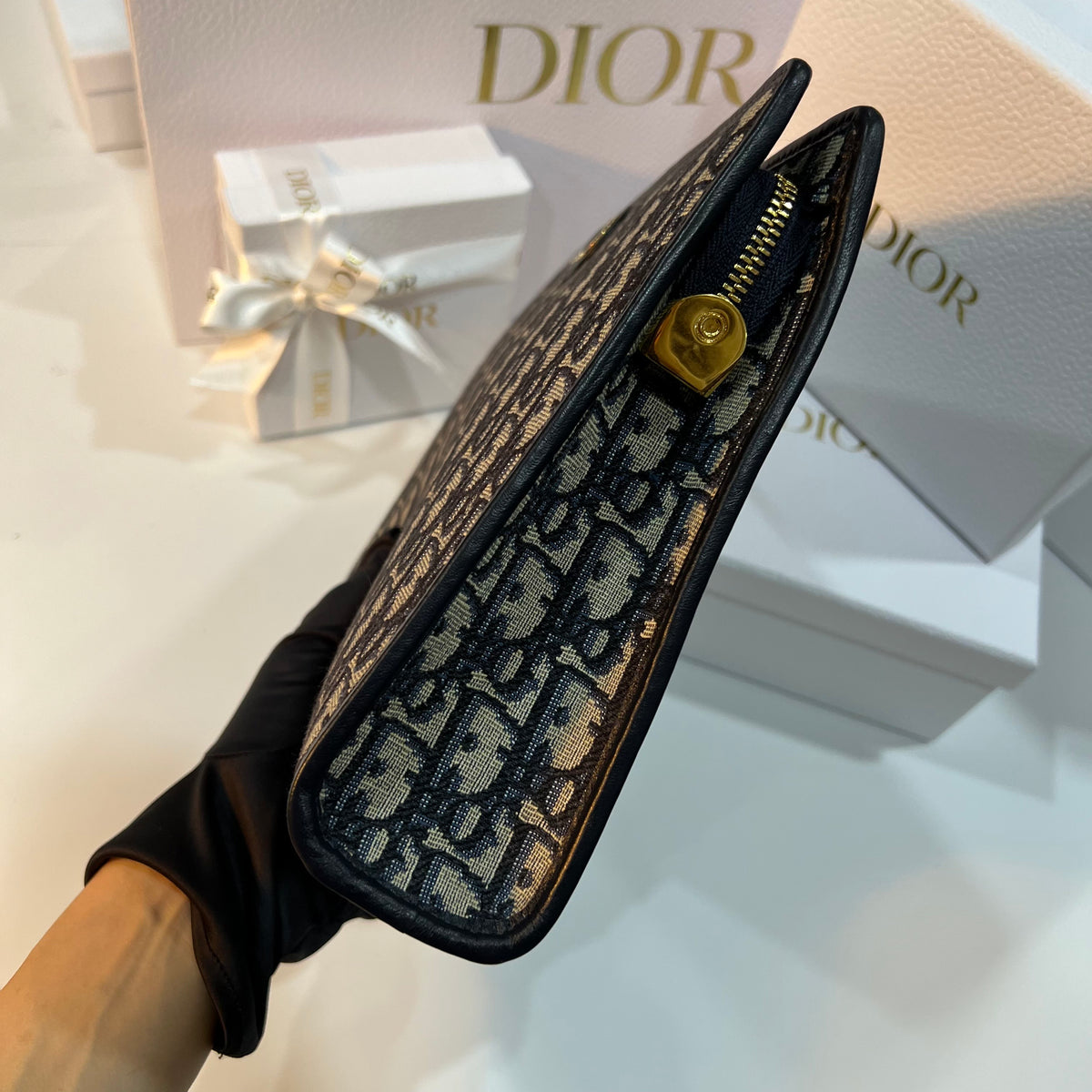 DIOR Oblique Jacquard Montaigne Clutch Beige Blue Pouch