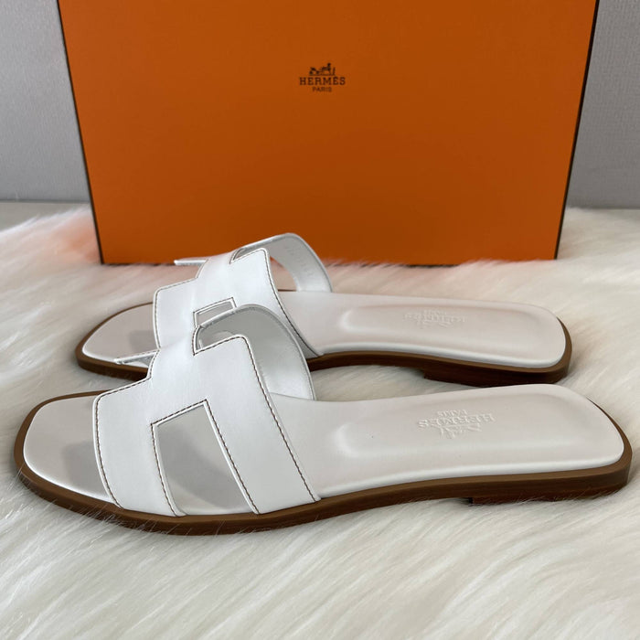 HERMES Oran White Leather Slide Sandals for Women