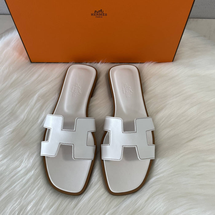 HERMES Oran White Leather Slide Sandals for Women