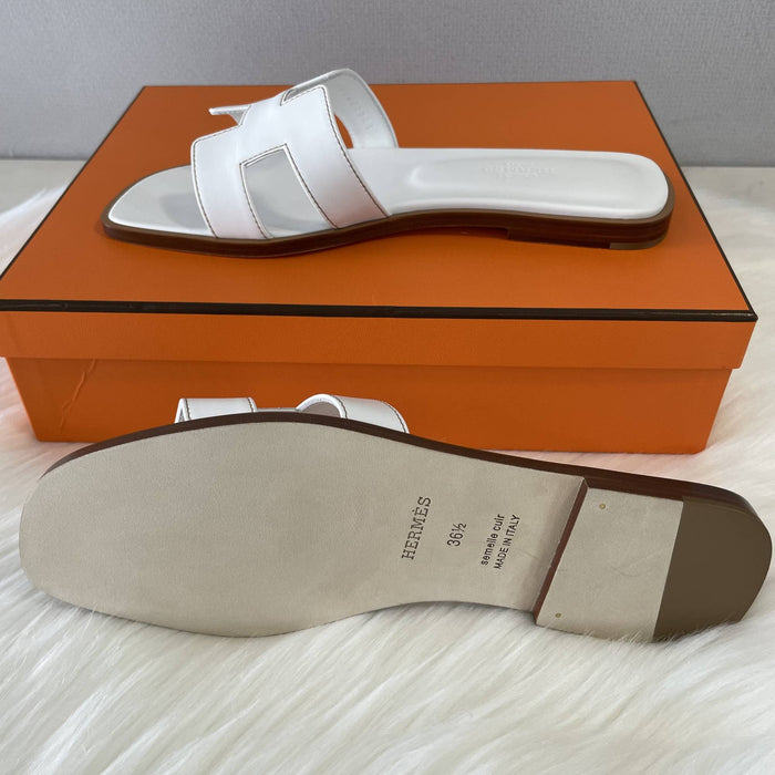 HERMES Oran White Leather Slide Sandals for Women
