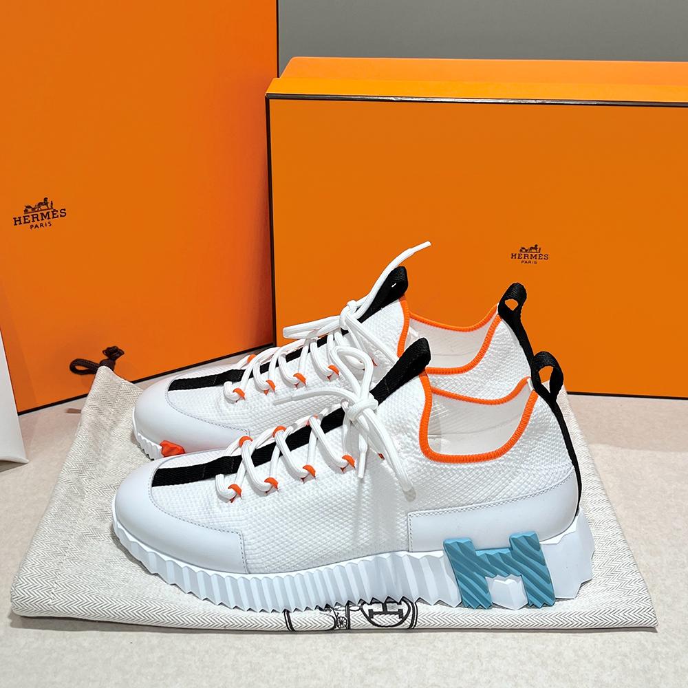 HERMES Lift Slip-On Sneakers Knit Calfskin White H Orange Sky