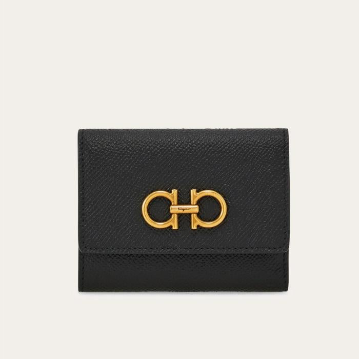 Ferragamo Black Leather Trifold Wallet Card Holder