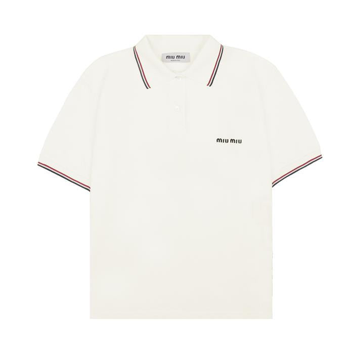Miu Miu Embroidered Logo Cotton Piqué Polo T-Shirt White
