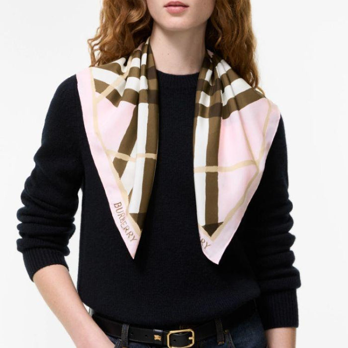 BURBERRY Watercolor Check Silk Scarf Bow Pink