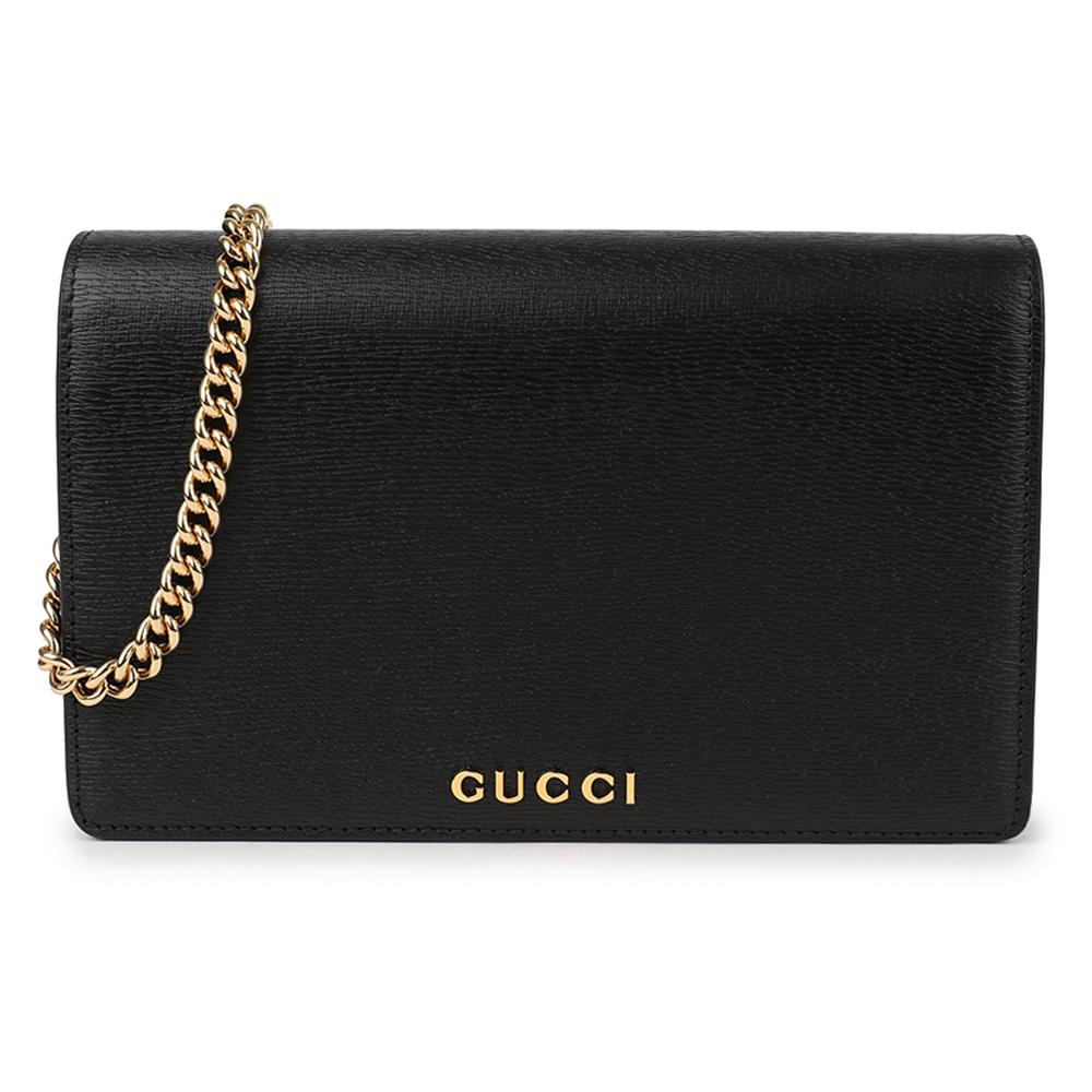 GUCCI Script Chain Long Wallet Black Leather
