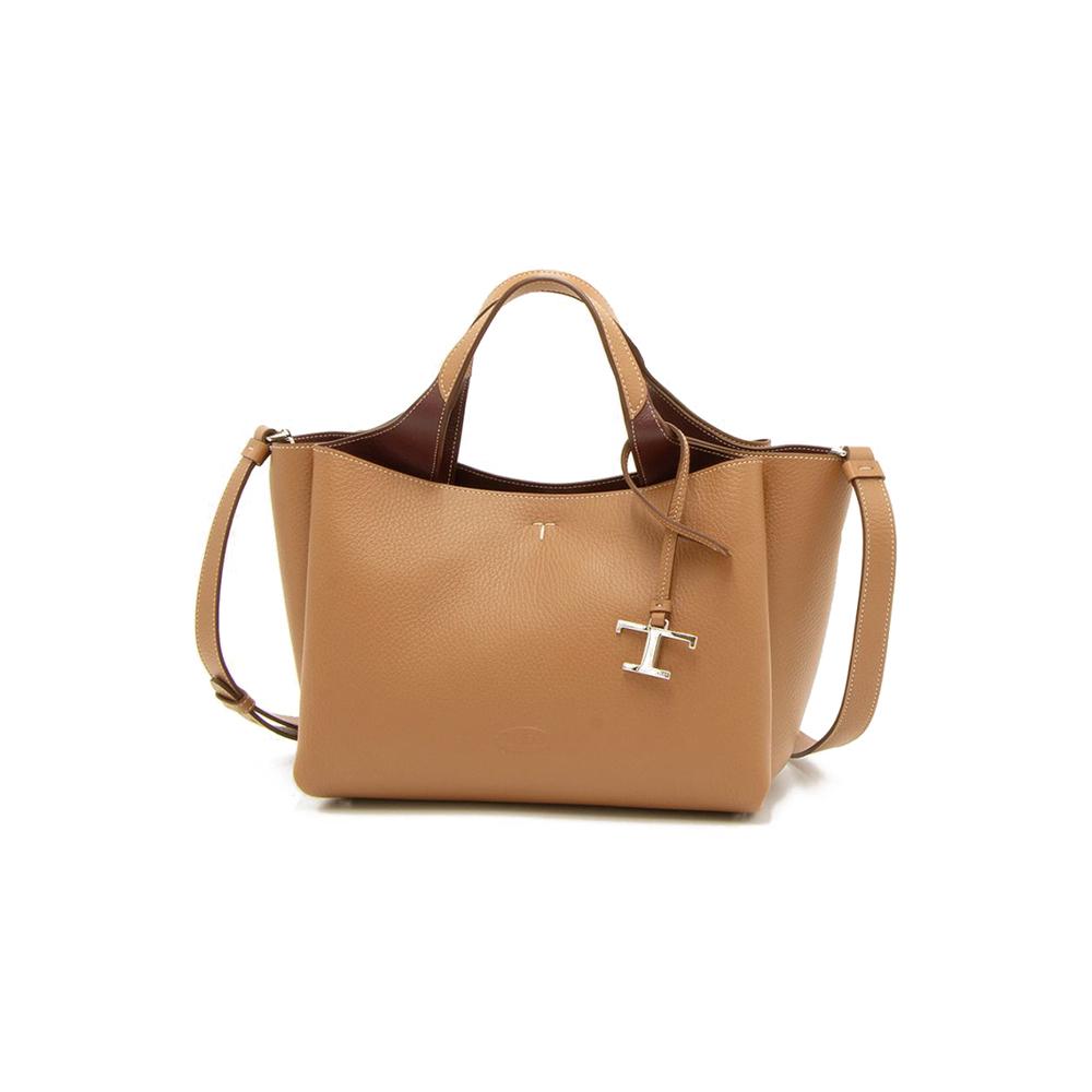 Tods Timeless Logo Mini Camel Leather Tote Shoulder Bag