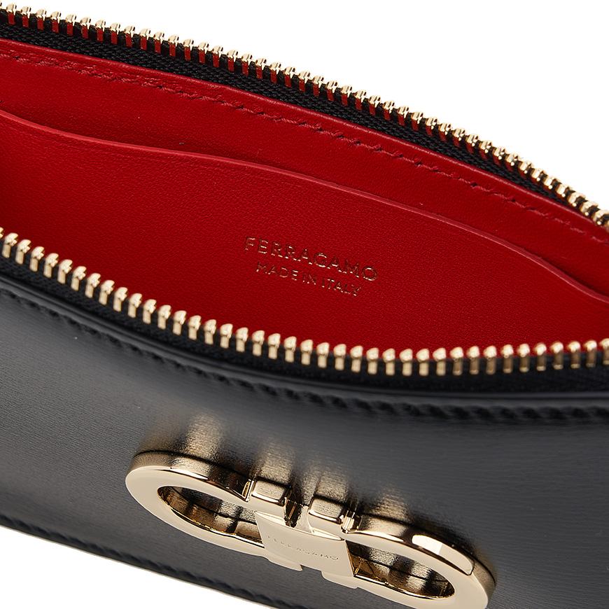 Ferragamo Gancini Leather Bifold Card Holder Black Red Women’s