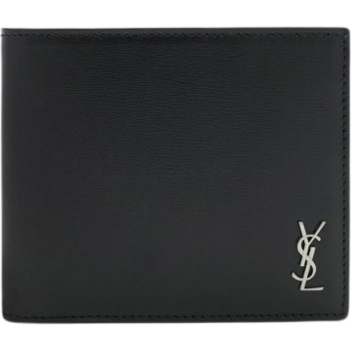 Saint Laurent Tiny Monogram Black Leather Bifold Wallet Silver-Tone