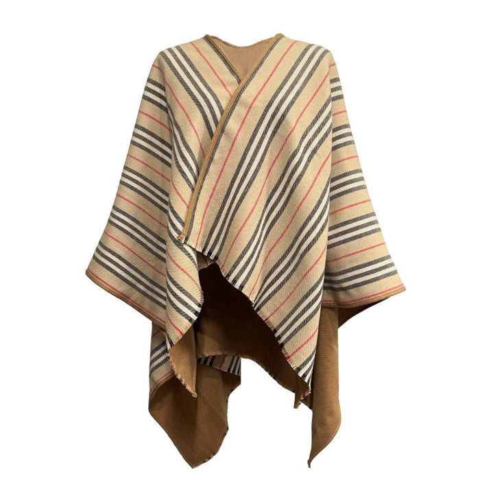 BURBERRY Icon Stripe Wool Reversible Cape Poncho Brown