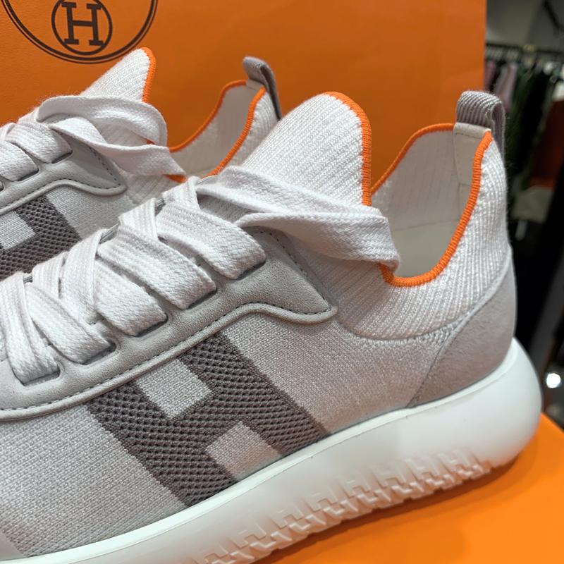 HERMES Crew Sneakers H Knit Goatskin White Gray Low-Top Women