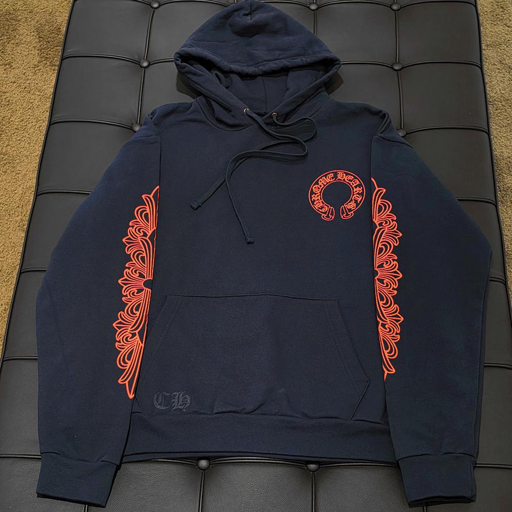 Chrome Hearts Navy Hoodie Horseshoe Coral Orange Logo Unisex Top